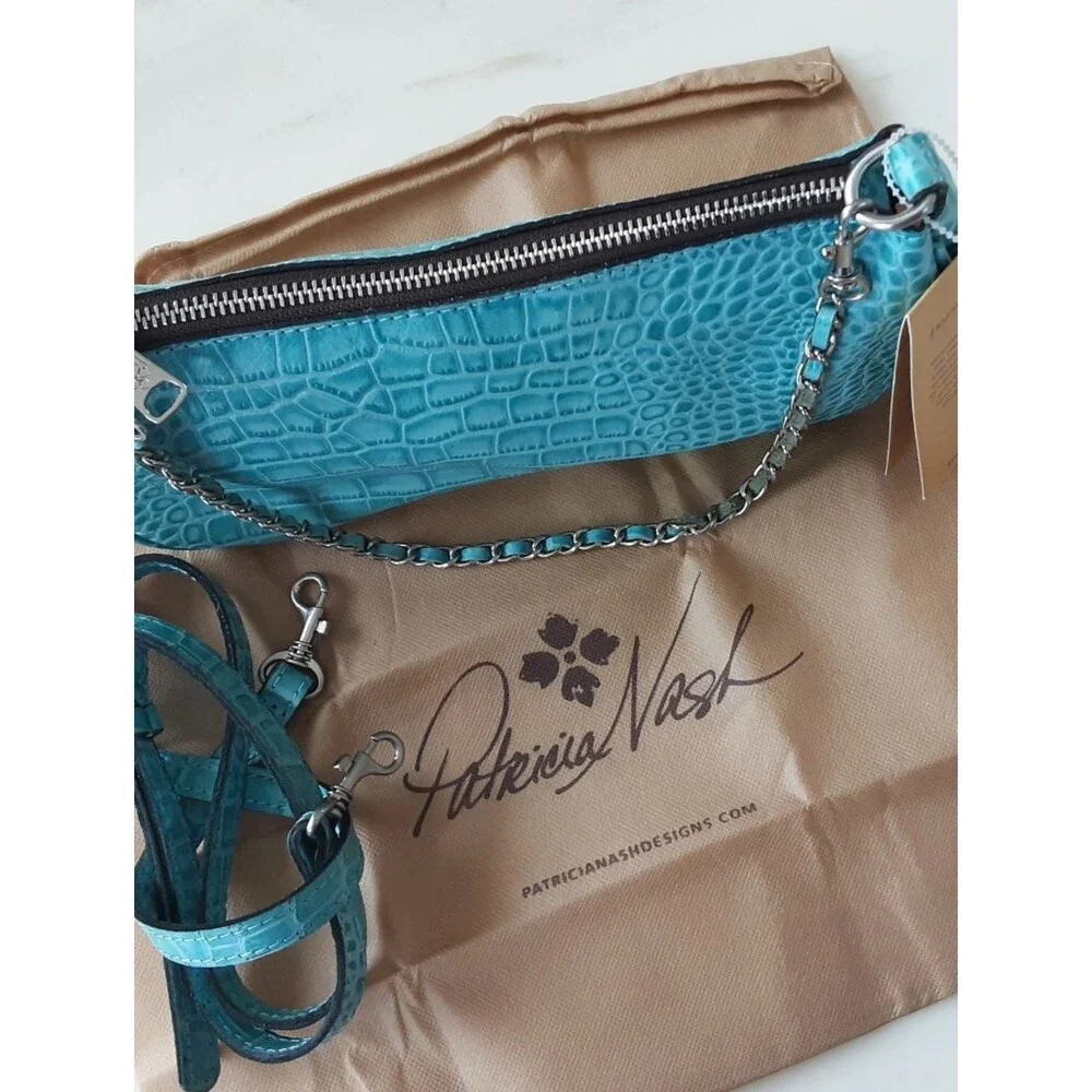 PATRICIA NASH Riley Aqua Croc Embossed Leather Baguette Crossbody - NWT